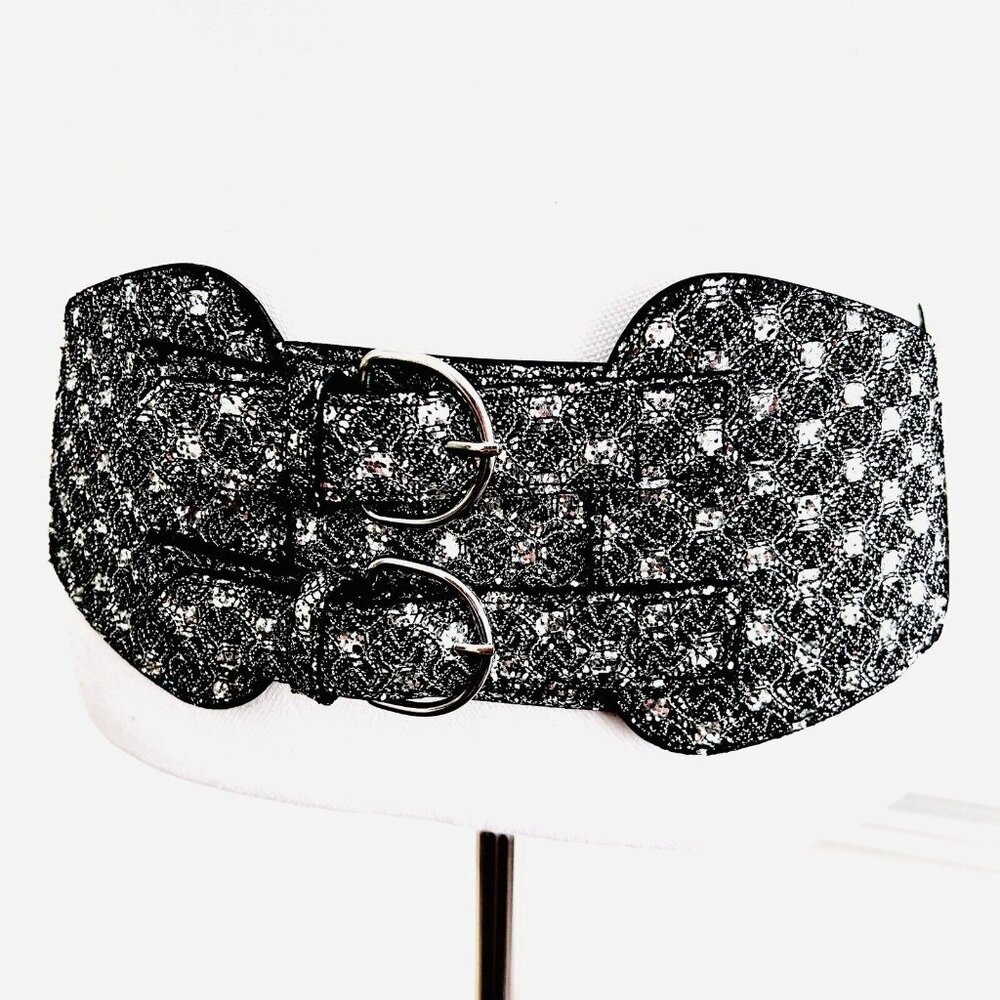 Black & Silver Sparkly Glittery Extra Wide Double Buckle Stretch Womens Belt M/L